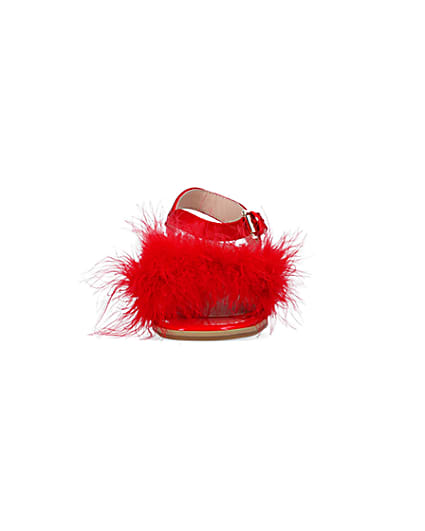 360 degree animation of product Girls Red Feather Trim Heeled Sandals frame-21
