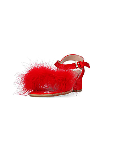 360 degree animation of product Girls Red Feather Trim Heeled Sandals frame-23