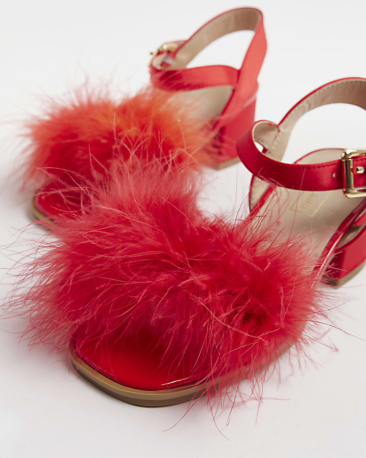 Girls Red Feather Trim Heeled Sandals