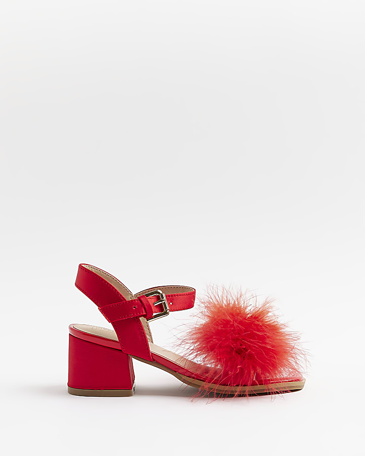 Girls Red Feather Trim Heeled Sandals