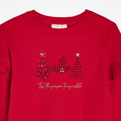 Girls Red Frill Long Sleeve Christmas Top