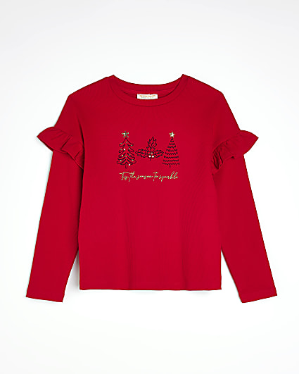 Girls Red Frill Long Sleeve Christmas Top