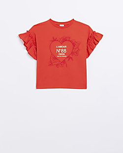 Girls Red Frill Sleeve Graphic T-shirt