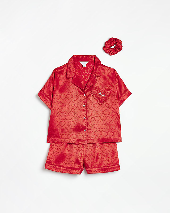 Girls red heart Monogram Satin pyjama set