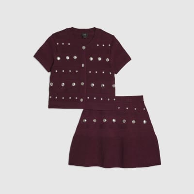 Girls Red Knitted Studded Top & Skirt Set