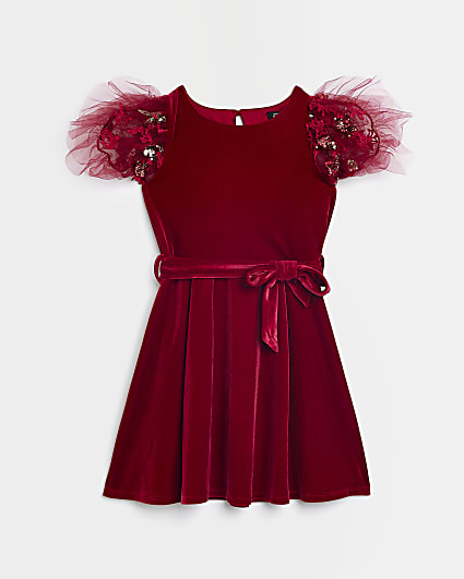 gIRLS RED mESH Sequin Sleeve Belted Dress