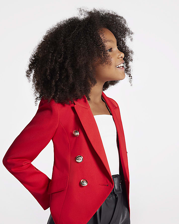 Girls Red Military Buttoned Blazer