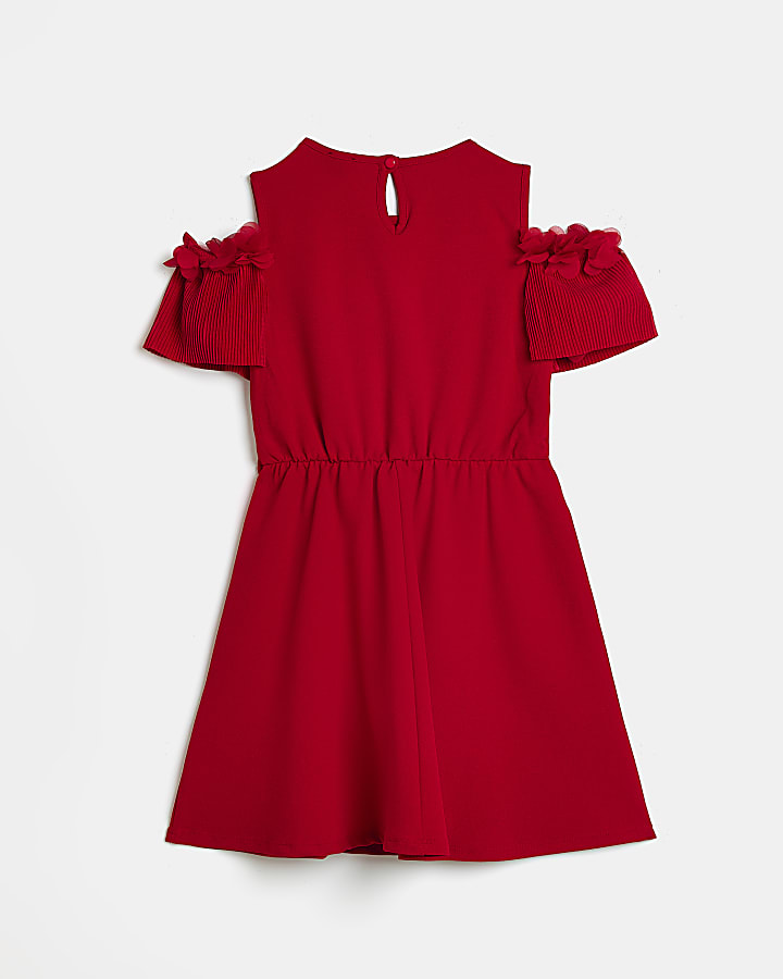 Girls Red Plisse Frill Cold Shoulder Dress