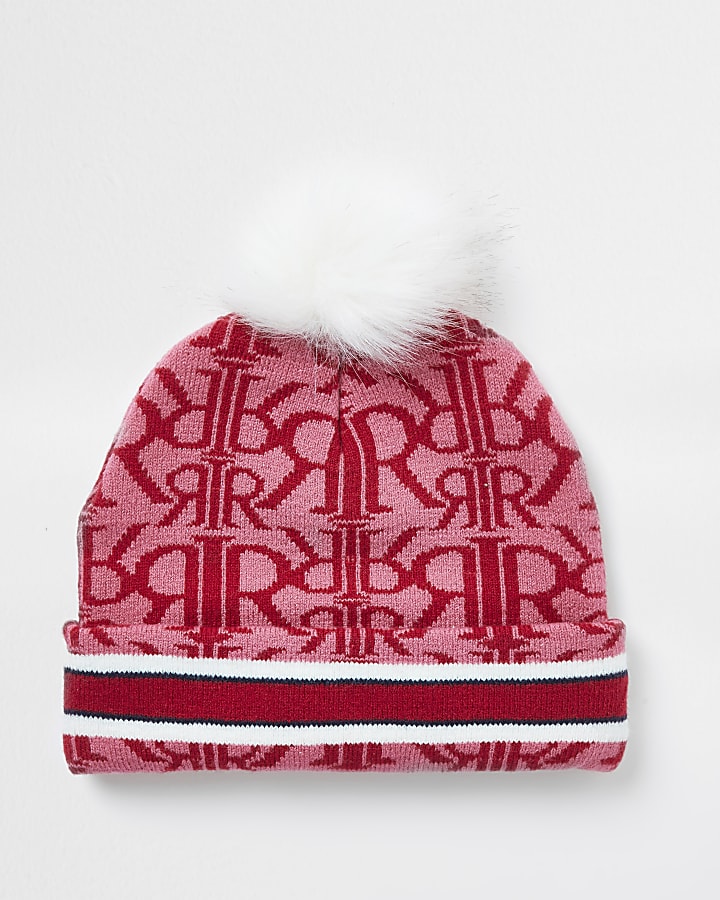 Girls red RIR monogram beanie hat