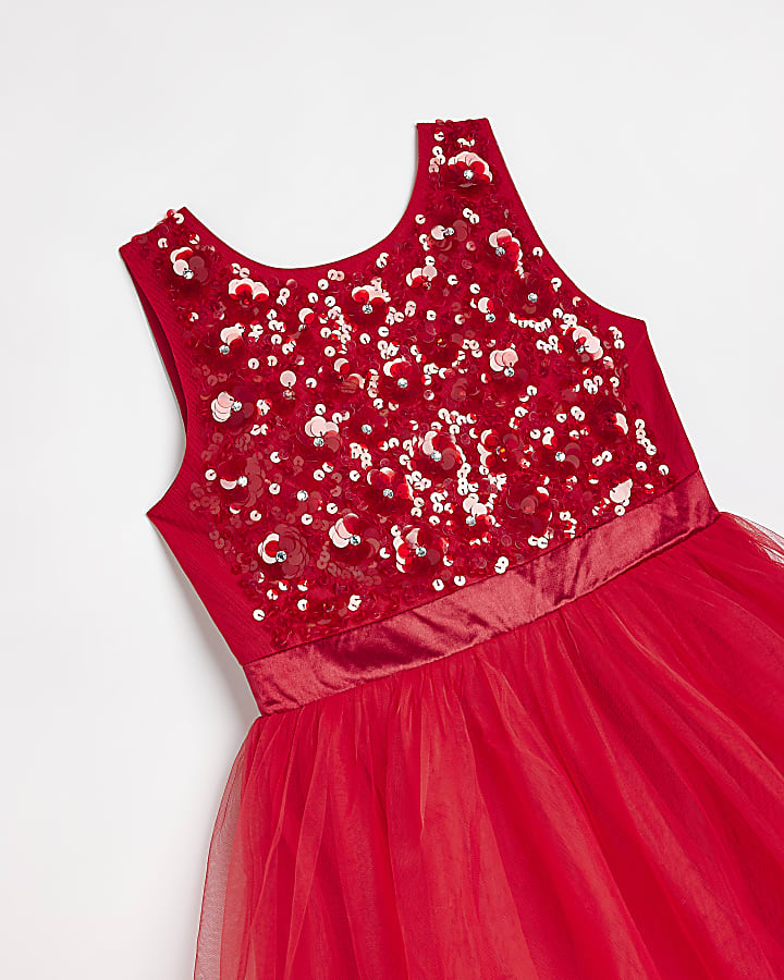 Girls red Rosette Hem Dress