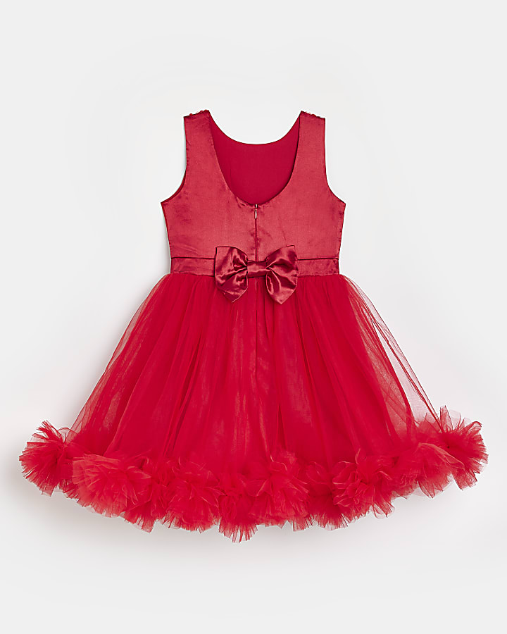 Girls red Rosette Hem Dress