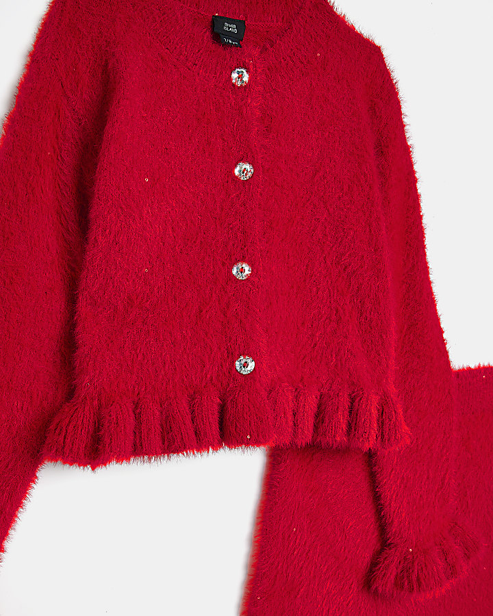 Girls Red Sequin Fluffy Cardigan outfit