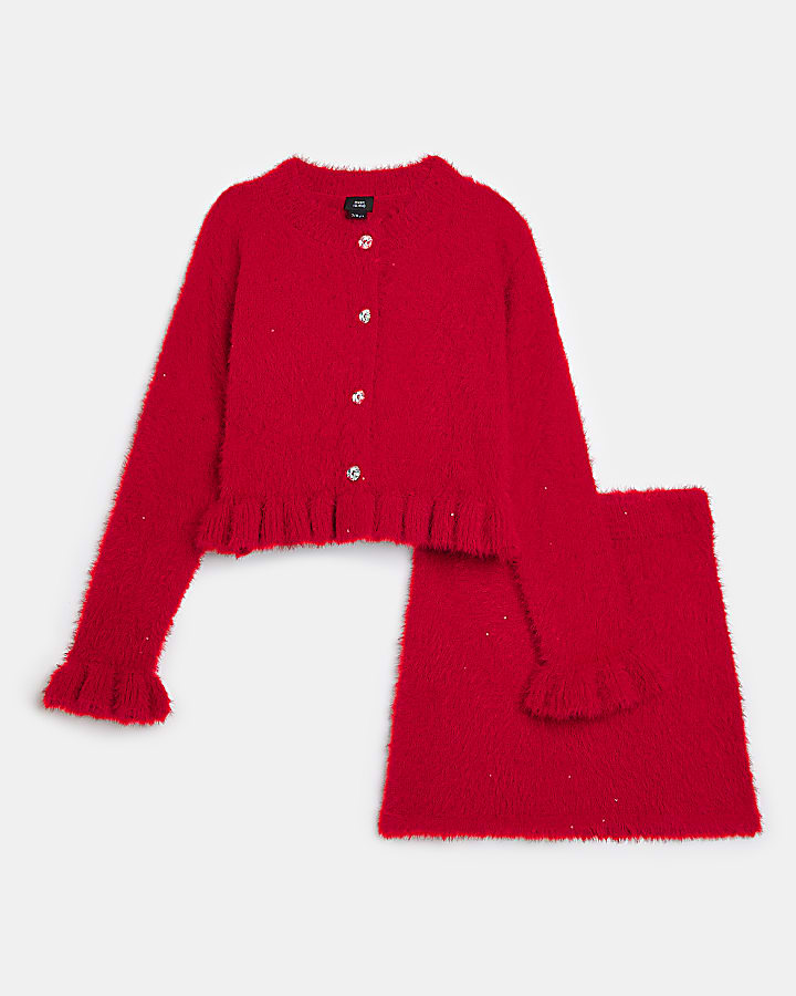 Girls Red Sequin Fluffy Cardigan outfit