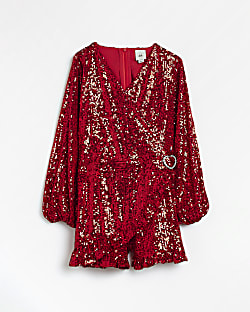Girls red sequin heart buckle wrap Playsuit