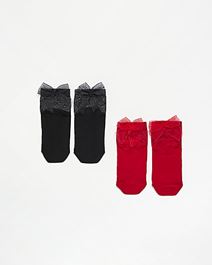 Girls Red Sparkle Bow Socks 2 Pack