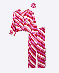 Girls Red Stripe satin Pyjama Set