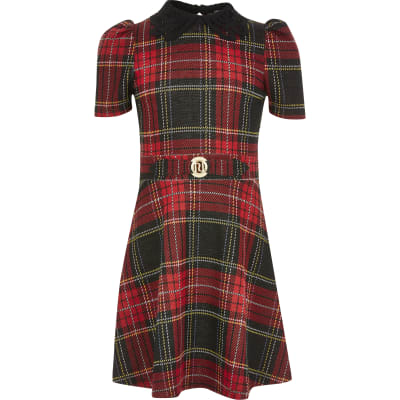 Girls red tartan lace collar skater 