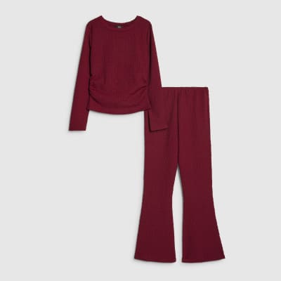 Girls Red Textured T-Shirt & Trouser Set