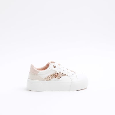 Girls rose gold glitter lace up trainers River Island