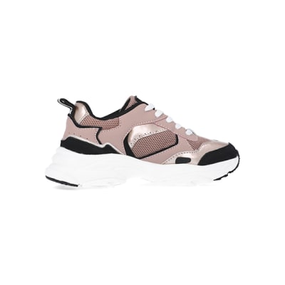360 degree animation of product Girls Rose Gold Metallic Mesh Runner trainers frame-14