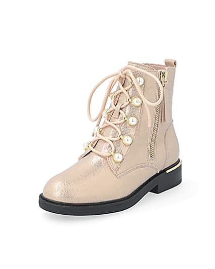 360 degree animation of product Girls rose gold pearl eyelet ankle boots frame-0