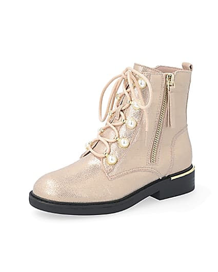 360 degree animation of product Girls rose gold pearl eyelet ankle boots frame-1