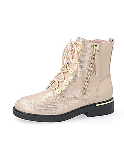 360 degree animation of product Girls rose gold pearl eyelet ankle boots frame-2
