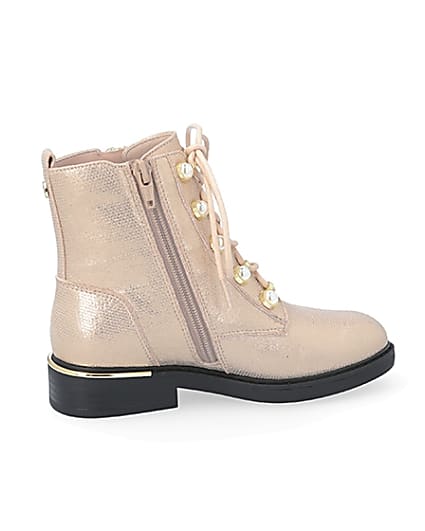 360 degree animation of product Girls rose gold pearl eyelet ankle boots frame-14