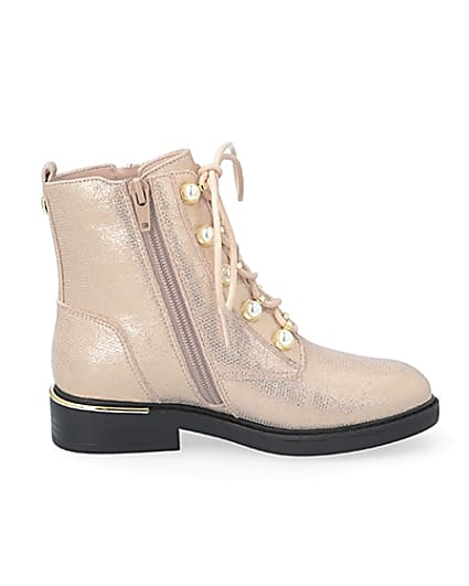 360 degree animation of product Girls rose gold pearl eyelet ankle boots frame-15