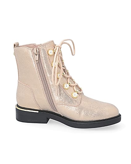 360 degree animation of product Girls rose gold pearl eyelet ankle boots frame-16