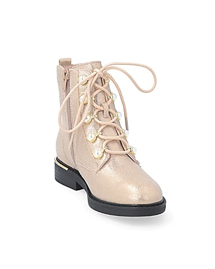360 degree animation of product Girls rose gold pearl eyelet ankle boots frame-19
