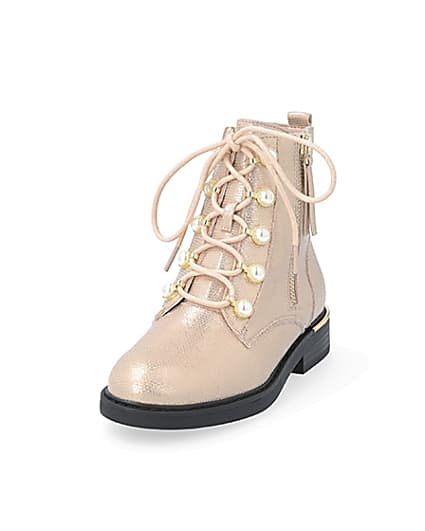 360 degree animation of product Girls rose gold pearl eyelet ankle boots frame-23
