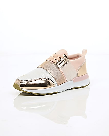 360 degree animation of product Girls rose gold scuba mesh runner trainers frame-0