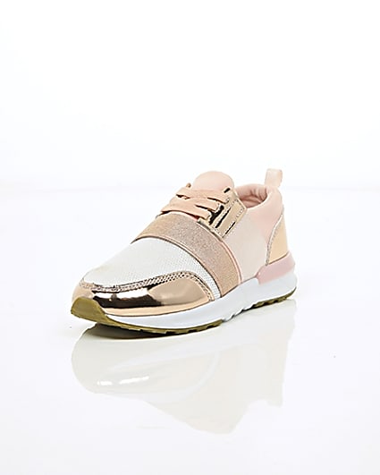 360 degree animation of product Girls rose gold scuba mesh runner trainers frame-1