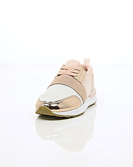 360 degree animation of product Girls rose gold scuba mesh runner trainers frame-2
