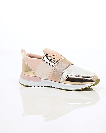 360 degree animation of product Girls rose gold scuba mesh runner trainers frame-8