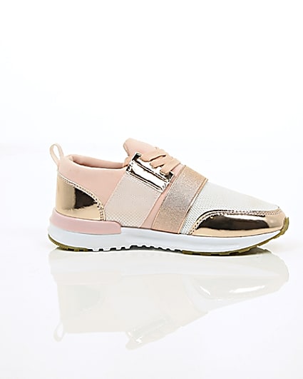 360 degree animation of product Girls rose gold scuba mesh runner trainers frame-9