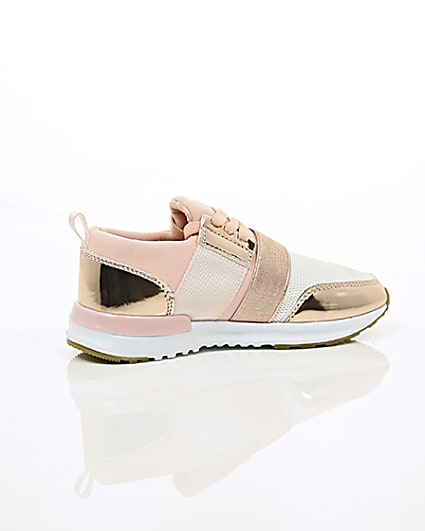360 degree animation of product Girls rose gold scuba mesh runner trainers frame-11