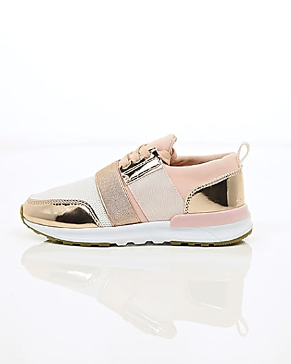 360 degree animation of product Girls rose gold scuba mesh runner trainers frame-21