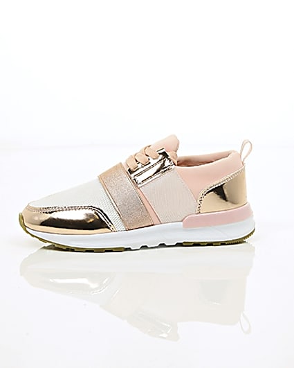 360 degree animation of product Girls rose gold scuba mesh runner trainers frame-22