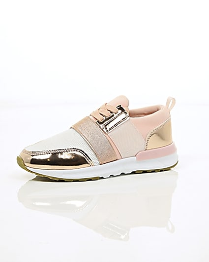 360 degree animation of product Girls rose gold scuba mesh runner trainers frame-23