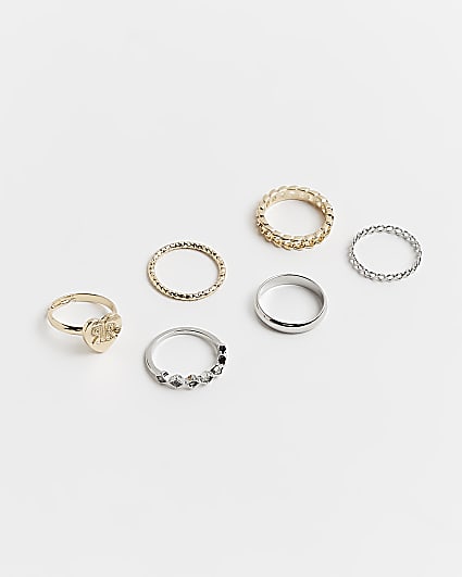 Girls Silver & Gold Chain Ring 6 Pack