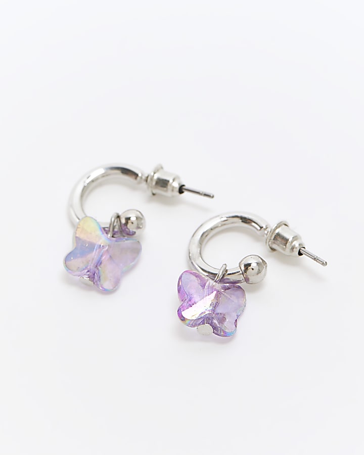 Girls Silver Butterfly Hoop Stud Earrings