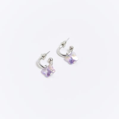 Girls Silver Butterfly Hoop Stud Earrings River Island