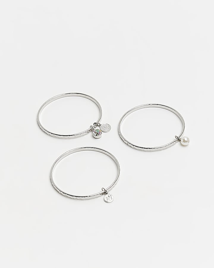 Girls silver colour charm bangles 3 pack