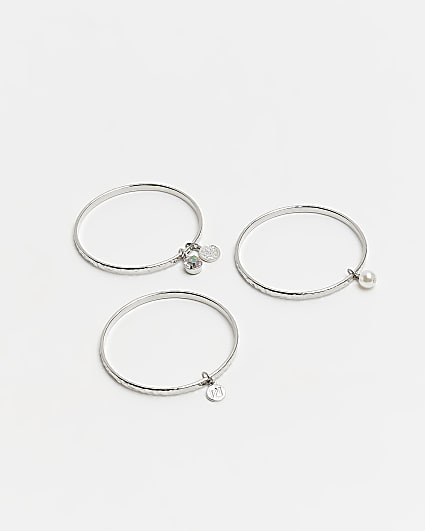 Girls silver colour charm bangles 3 pack