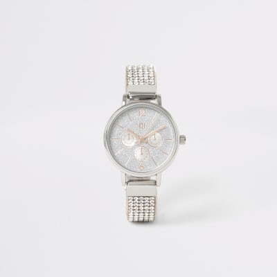 Girls silver colour diamante strap watch River Island