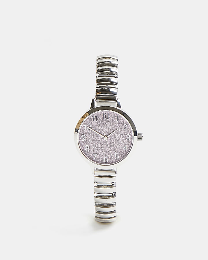 Girls silver colour glitter stretch watch