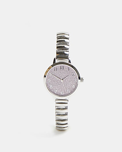 Girls silver colour glitter stretch watch
