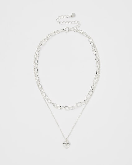 Girls silver colour heart multirow necklace